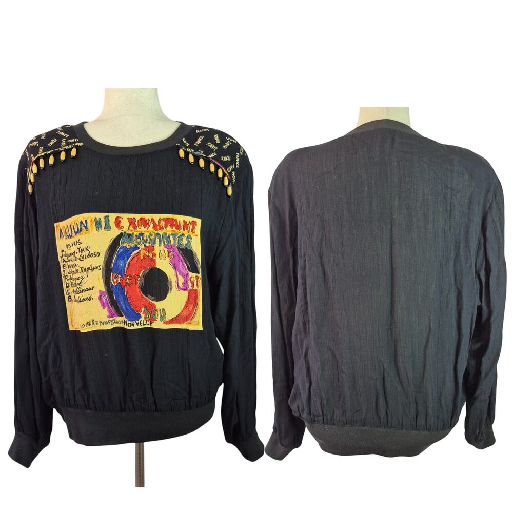 Carole Little USA Black Parisian Theme Art to Wear BOHO Vintage Top Shirt 8 M